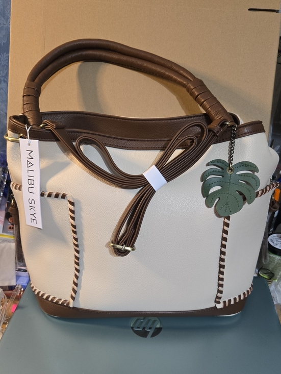 Malibu Skye Handbags - Malibu Skye Cream Hobo Bag with Green Leaf Charm and Cosmetic Pouch